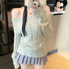 Slash Neck Pullovers Women Knitted Solid Jacquard Korean Fashion All-match Design Unique Sweet Spicy Girls Streetwear Temper voguable