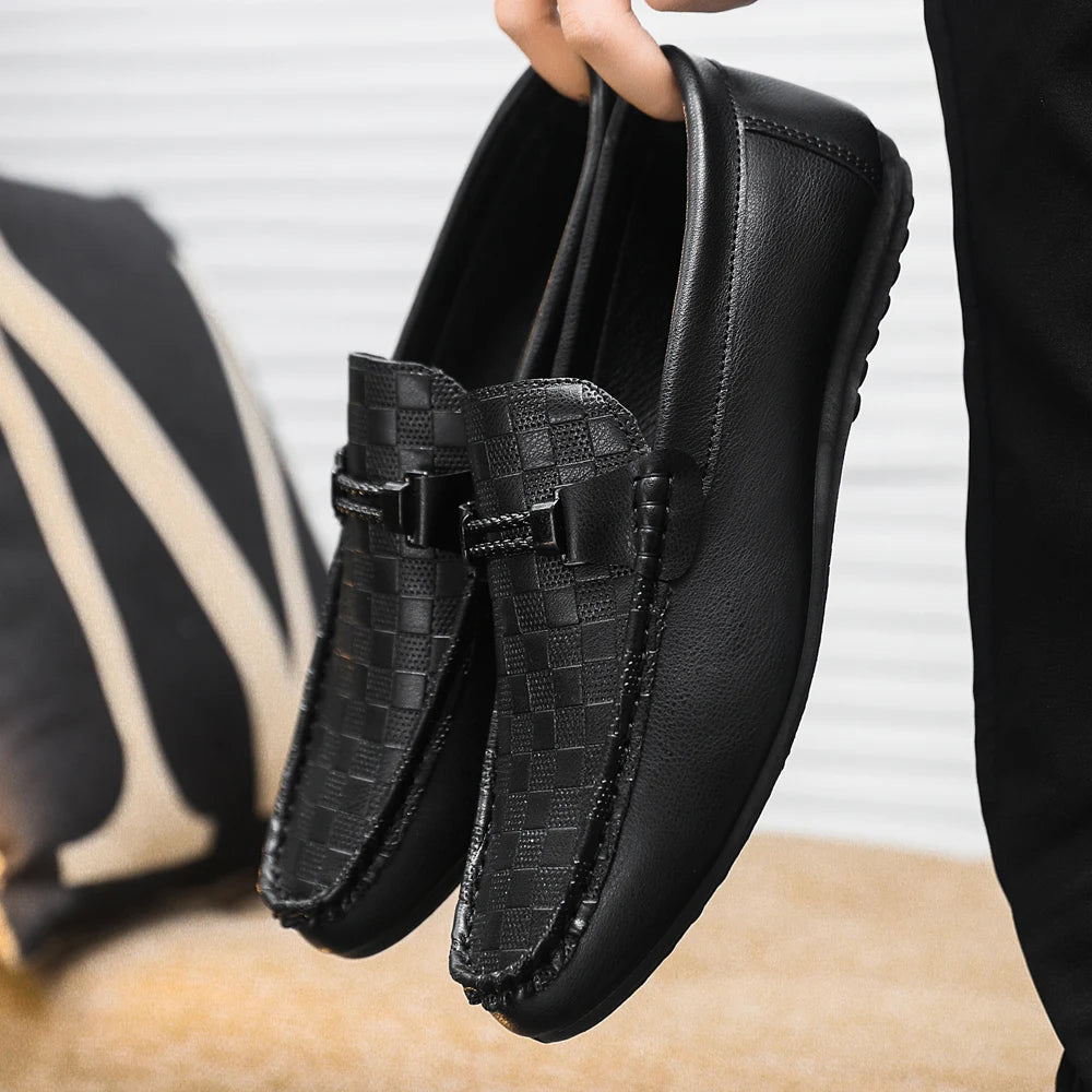 Voguable Designer Black Leather Loafers for Men High Quality Soft Sole Moccasin Casual Comfort Dress Shoes Lightweight Urban Street Style voguable