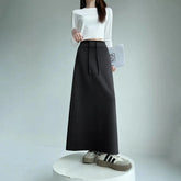 Voguable Skirt with Straight Slit High Waist New Style Elastic Slim Autumn Drawstring Casual Long Skirt voguable