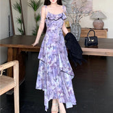Voguable Spring New Women French Sleeveless Retro Camisole Dress Irregular Mesh Printed Dress Slim Ruffles Long Fairy Dress voguable