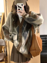 Voguable Japanese Plaid Knitted Cardigan Fall Winter Women Vintage Loose Lazy Wind Sweaters Jacquard Sweet V Neck Casual Long Sleeve Tops voguable