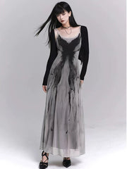 Retro Ink Butterfly Tie Dye Camis Dress Women Summer Slim Sleeveless Midi Dress Y2K Korean Sweet Mesh Spaghetti Straps Vestidos voguable