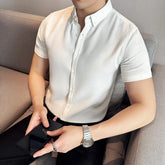 Men Waffle Shirt Short Sleeved 2024 Summer New Thin British Style Business Solid Casual Non Iron Slim Fit Shirt Men's Clothing voguable