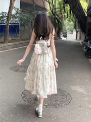 2024 Summer New Japanese Kawaii Y2k Midi Dress Women Casual Sweet Bow Splicing Flower Print Dress Korean Fashion Evening Party voguable