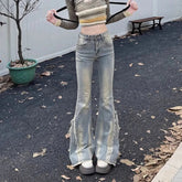 Voguable Vintage Streetwear Bootcut Jeans Women Harajuku Raw Edge Tassels Hottie Denim Pants Y2K High Waist Wide Leg Mopping Trouser New voguable