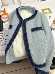 Sweet Thick Warm Tweed Jacket Women O Neck Long Sleeve Winter Cotton Coat Elegant Fashion Patchwork Korean Chic Outwear Top voguable