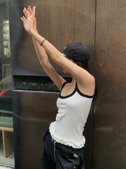 Voguable Balletcore Sweet Women White Camisole Kawaii Ruffled Crop Tops Coquette Cute Sexy Tank Tops Korean Fairy Streetwear voguable