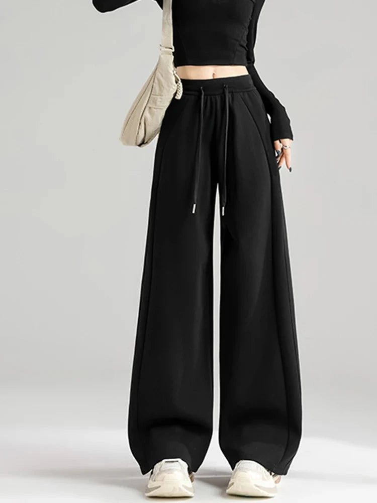 Preppy Style Black Sweatpants Women Vintage High Waist Loose Straight Pant Korean Casual Fall Lace Up Wide Leg Trousers New voguable