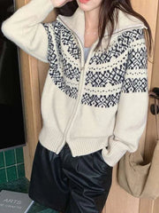 Print Retro Zipper Cardigan Women Loose Turtleneck Long Sleeve Korean Knitted Sweaters Vintage Female Casual Sweet Tops New voguable