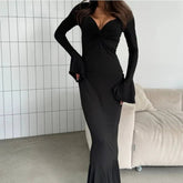 Voguable Autumn and Winter New Women's Long Dresses Fashion Sexy V-neck Ruffle Sleeve Long Sleeve Skirts voguable