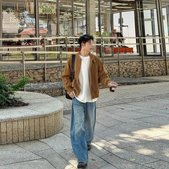 Khaki Cargos Stand Collar Jackets Men's Japanese Retro Streetwear Fashion Solid Color Zipper Long Sleeve Coats Autumn Clothing voguable