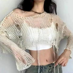Fashion Boho Women Knitted T Shirt Y2k Hollow Out Loose Female Crop Tees Vintage Korean Ripped Long Sleeve Match Ladies Jumpers voguable