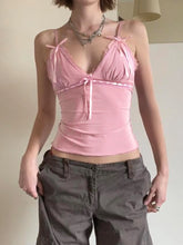 Voguable Kawaii Lace Bow Patchwork Camis Women Coquette Aesthetic V Neck Corset Tops Y2K Streetwear Female Aesthetic Clothes voguable