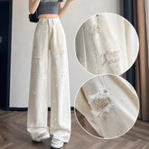 Voguable White Breathable Wide-leg Jeans for Women Ripped Pants for Summer High Waisted Diamond Floor Pants voguable
