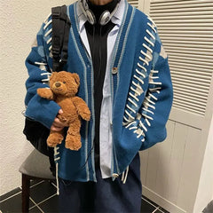 New Autumn Vintage V-neck Buttons Knitted Cardigans Coat for Men High-end Patchwork Loose Casual Sweater Jacket Cardigan Men voguable