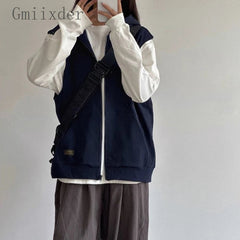 American Retro Sleeveless Hooded Zippered Cardigan Jacket for Women's Autumn Winter Hoodies Camisole Top Vest Jacket voguable