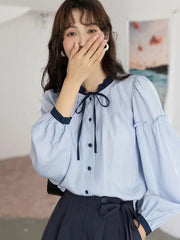 Sweet Retro Blue Blouse Women Elegant Long Sleeve Japan Shirt Fall Loose Preppy Style Ruffles Lace Up Vintage Lady Tops New voguable