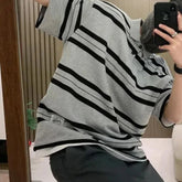 Voguable Korean Boyfriend Summer New Patchwork Polo Shirts Printing Stripes Fashion Loose Minimalist Casual Short Sleeved Tops voguable
