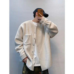 Hong Kong Style Retro Coat Versatile Solid Color Lamb Fur Plus Velvet Shirt Fashion High-end Autumn Winter Loose Fleece Jacket voguable