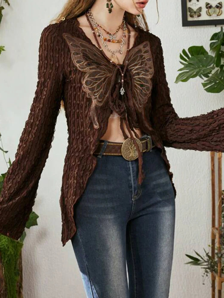 Voguable Lace Butterfly Patchwork Cardigan Top for Women Y2K Aesthetics Brown Bandage Long Sleeve T Shirts Grunge Fairycore voguable