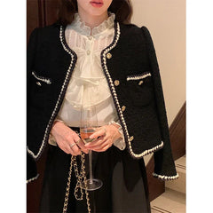 Vintage Jackets Women Black Tweed Cropped Coat Korean Elegant Thicken Single Breasted Blazer Casual Short Outerwear Tops voguable