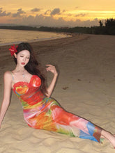 Voguable French Beach Hotsweet Women Camisole Sexy Dress Slim Watercolor Smudge Hip Dress High Waist Sleeveless Vacation Long Dress voguable