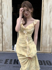 French Women's Elegant Floral Printed Dress V-Neck Slim Fit Flying Sleeve Long Dresses Vacation Holiday Sexy Travel New Vestidos voguable