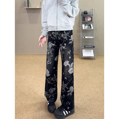 Flower Jeans Men Fashion Retro Printed Jeans Men Streetwear Hip-hop Loose Straight Jeans Men Baggy Vintage Denim Trousers voguable