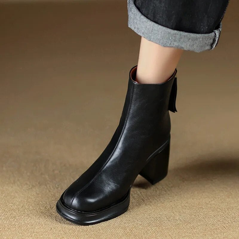 New Basic Leisure Casual Women Short Boots Genuine Leather High Quality Thick High Heels Autumn Winter Shoes Woman Outdoor voguable