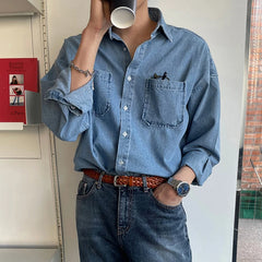Denim Shirt Men Long-sleeved Casual Korean Turn down Button Shirts with Pocket Streetwear Luxury Clothing Loose Stylish