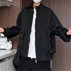 Black Mens Stand Collar Loose Fit Outdoor Spring Biker Jacket Casual Windbreaker Motorcycle Streetwear Trendy Daily Wear Coat voguable