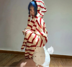 Japanese Y2k Hooded Cardigan 2000s Aesthetics Rabbit Ears Zipper Knitwear Vintage Harajuku Red Stripe Sweater Grunge voguable