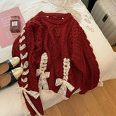 Red Twist Strap Sweater for Women 2023 Spring and Autumn Winter Christmas Sweet Bow Knitting Pullover Oversize Women Pull Femme voguable