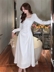 French Dresses For Women's Fashion Elegant Long Sleeves A-Line Square Collar Pleated Femme Vestidos Vintage Office Lady Casual voguable