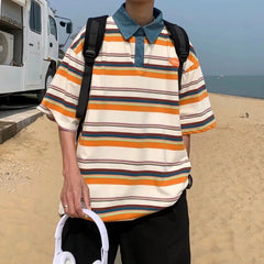 Voguable Japanese Harajuku Style Street Color-blocked Striped Short-sleeved Lapel Shirts Men Women Trendy Hip-hop Loose Casual T-shirts voguable