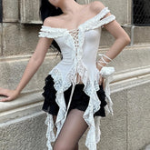 Voguable Sexy Hook Floral Lace Ruffle Irregular Double Straps Slash Neck Top Holiday Party Slim-fitting Tie-up Bandage T-shirt voguable
