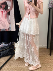 French Elegant Lace Midi Skirts Women Summer New Chic Patchwork Mesh Y2K Female High Waist Jacquard All Match A Line Skirts voguable