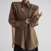 Voguable Women's Loose See Through Long Sleeve Shirt Lapel Fashion Female Sexy Mesh Splice Blouse Top Spring New Solid Color lollapalooza outfit spring outfits voguable