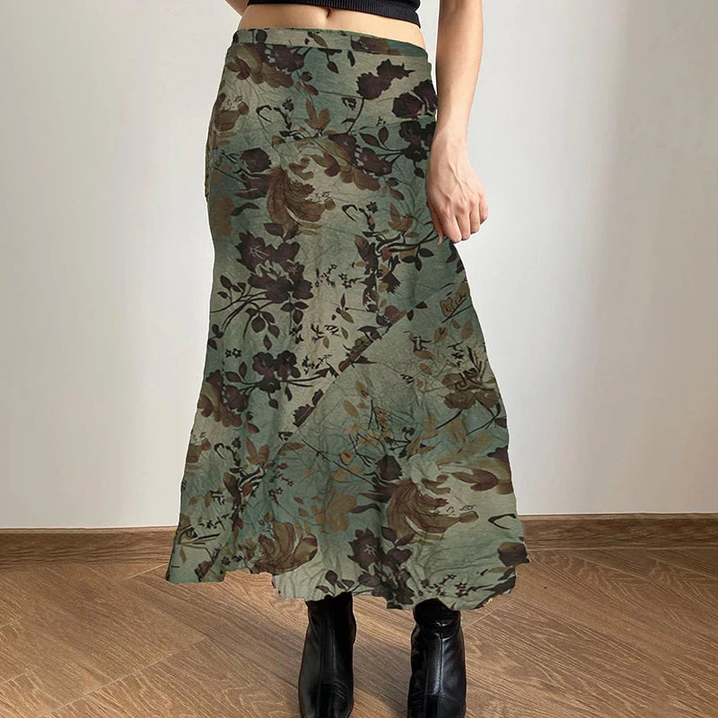 Vintage Print Loose Midi Skirt Women Retro y2k Low Rise Casual Skirts 2000s Aesthetic Ladies's Bottoms Harajuku Clothing voguable