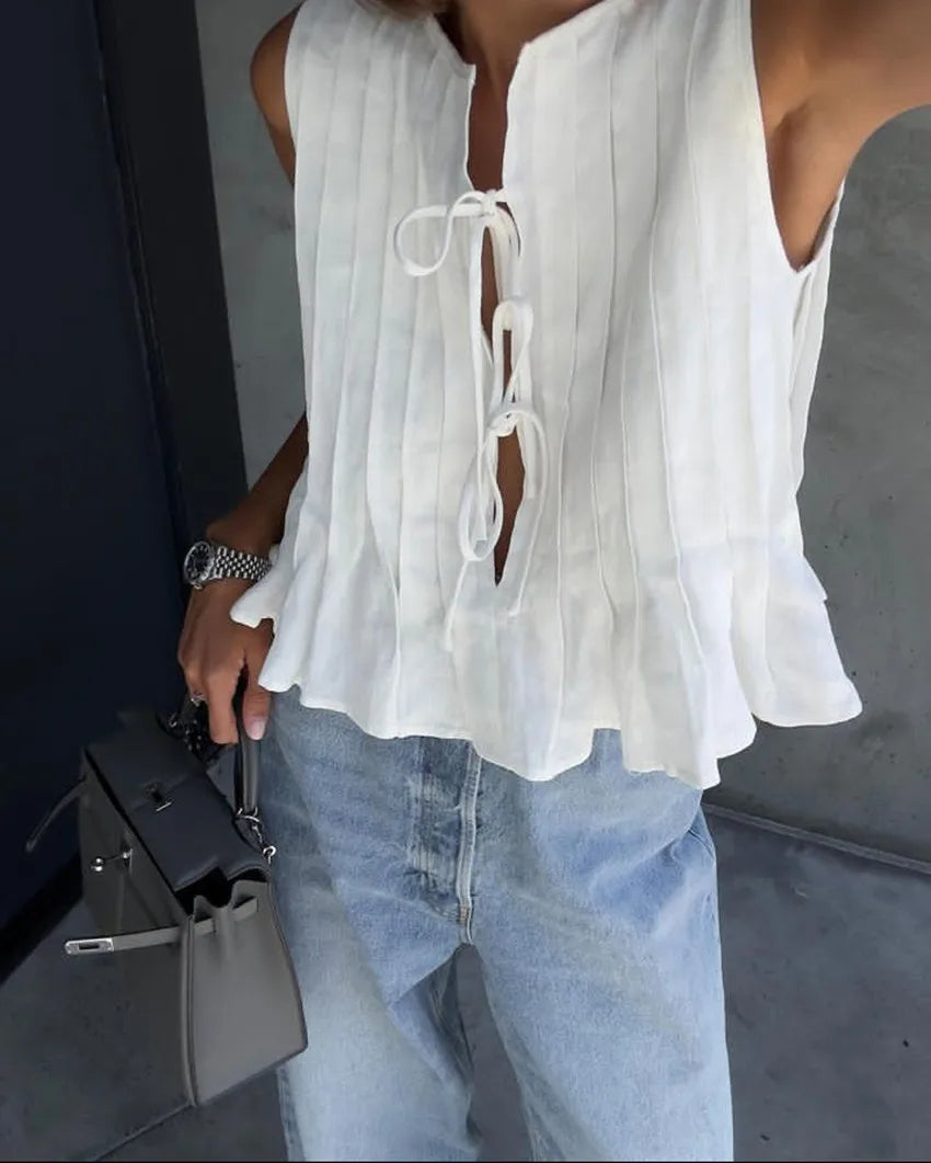 Fashion Bow Lace Up Shirts Women Cotton Linen Hollow Out Sleeveless Pleated Blouses Woman Summer New Casual Lady White Tops Pbong