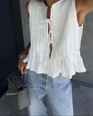 Fashion Bow Lace Up Shirts Women Cotton Linen Hollow Out Sleeveless Pleated Blouses Woman Summer New Casual Lady White Tops Pbong