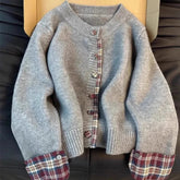 Voguable Plaid Patchwork Knitted Cardigan Women Fall Winter Korean Fake Two Pieces Sweaters Fashion Loose Casual O Neck Long Sleeve Tops voguable