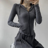 Fall Fashion Crop Hooded Cardigan Women Y2K Korean Slim Solid Zipper Long Sleeve Coats Harajuku Streetwear Sports Cardigan Tops voguable