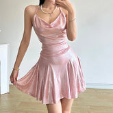 Voguable Korean Style Shinny Swinging Collar A-line Dress Holiday Party Evening Outfits High Street Sexy Backless Robe Coquette voguable