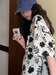 Retro loose casual temperament printed short-sleeved shirt for women in summer lazy slim versatile floral shirt casual y2k tops voguable