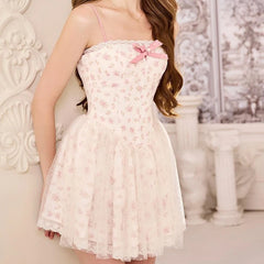 French Style Princess Sexy Spaghetti Straps Mini Dress Women Floral Print A-line Holiday Sweet Dresses Party Robe Short