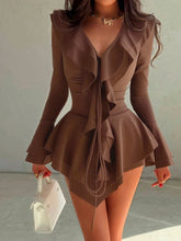 Voguable Asymmetrical Tierred Ruffles Sexy Lace-Up Autumn Dress for Women Fashion V-Neck Flare Sleeve Bodycon Elegant Winter Dresses voguable