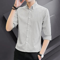 Voguable Summer Men's Striped Seven Quarter Sleeve Shirt Youth Fashion Korean Version Slim Fit Five Quarter Sleeve Shirt voguable