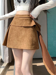 Sexy Slim Faux Suede Skirt Women High Waist Streetwear Vintage Bow Mini Skirts Fall Winter Casual American A Line Skirt New voguable