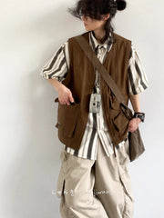 New Summer Japanese Retro Work Suit Vest Men Women Korean Fashion College Style Loose Sports Casual Sleeveless Versatile Jacket voguable